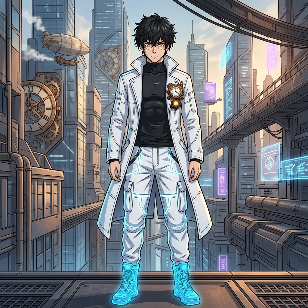 A male 2D anime original character named Eith Jer, featuring messy black hair and captivating amber eyes