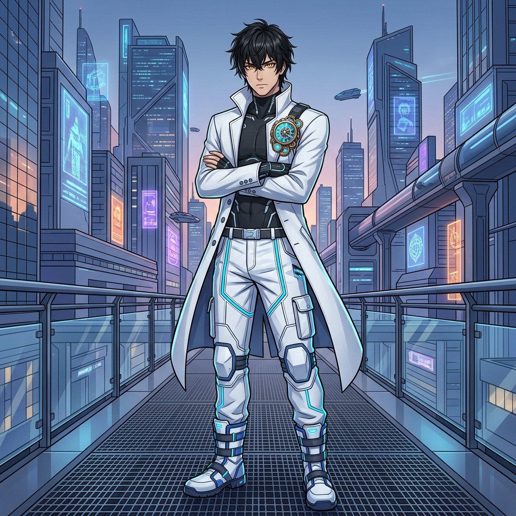 A tall, athletic, and chiseled male 2D anime original character named Eith Jer, featuring messy black hair and captivating amber eyes