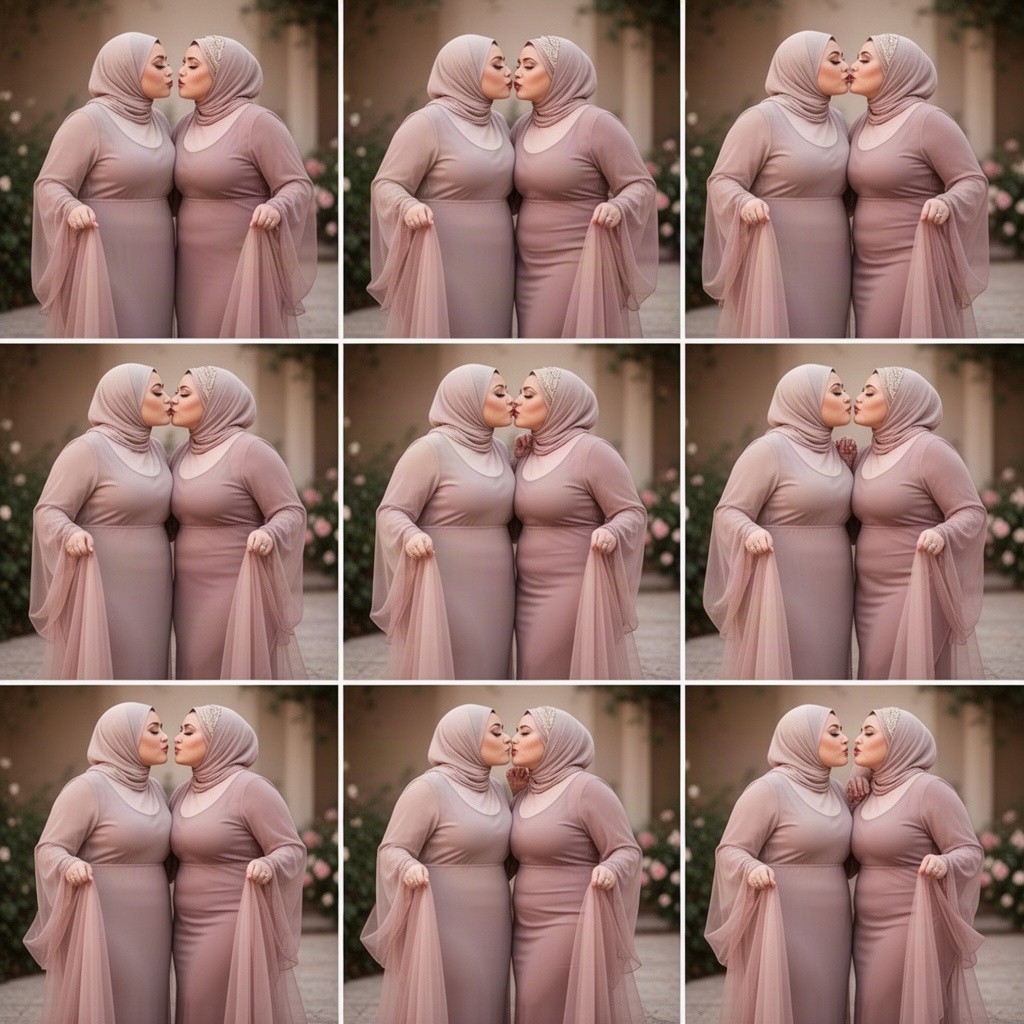 A collection of 9 realistic images featuring a group of confident, full-figured women wearing traditional hijabs