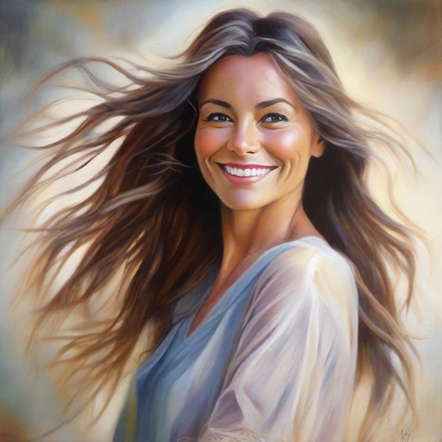 A portrait of a beautiful woman, radiating grace, with eyes that reflect wisdom and a warm smile. Her hair dances gently in the breeze.