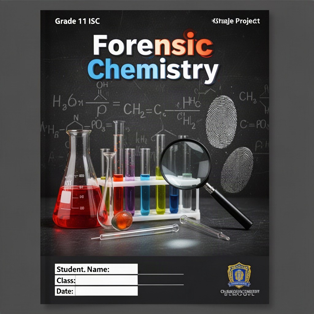 A visually striking cover page for a Grade 11 ISC Chemistry project on the topic of 'Forensic Chemistry'