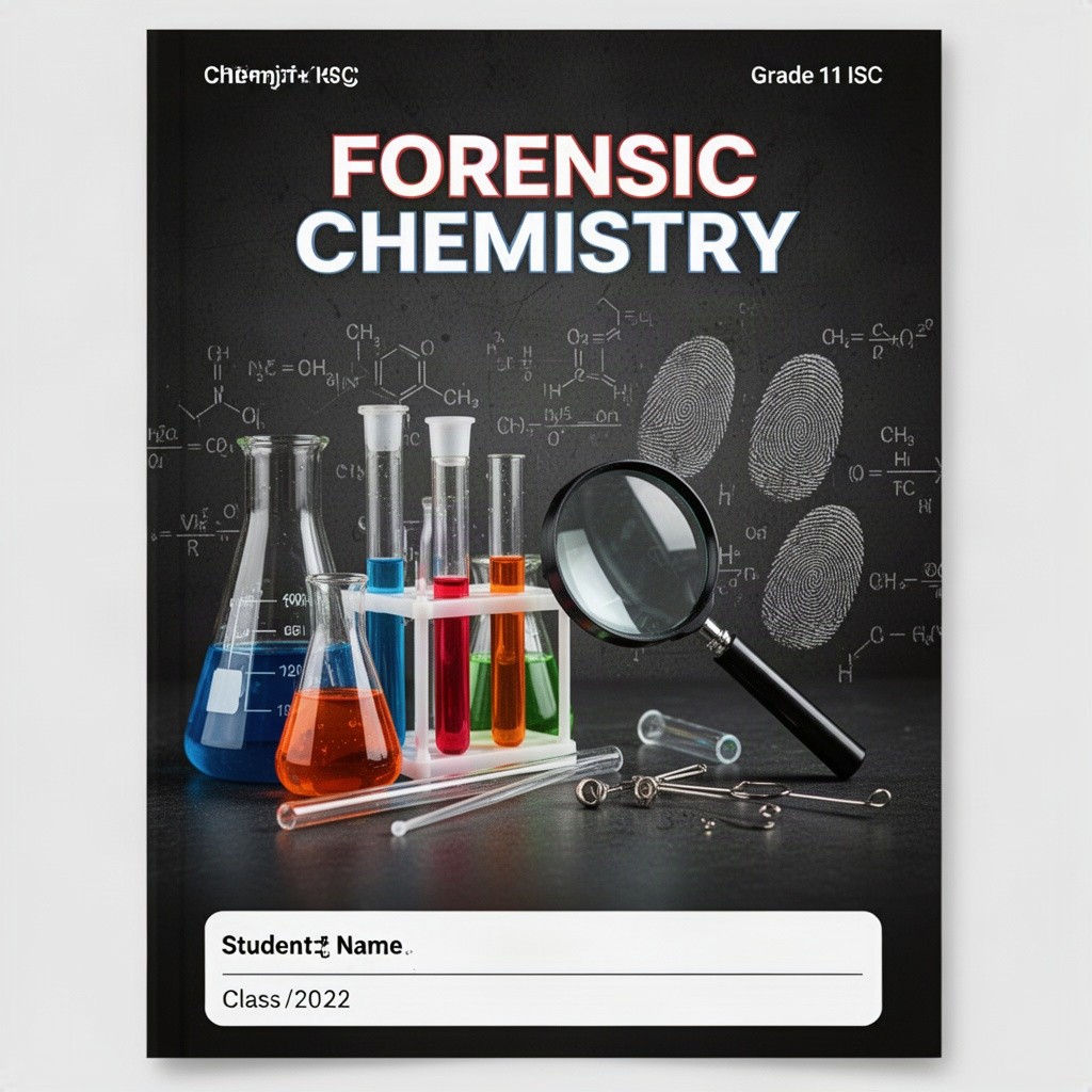 A visually striking cover page for a Grade 11 ISC Chemistry project on the topic of 'Forensic Chemistry'
