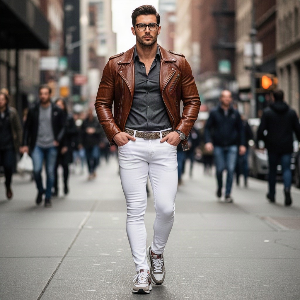 An athletic and handsome man wearing eyeglasses, dressed in a fitted shirt and a brown leather jacket, complemented by a stylish belt
