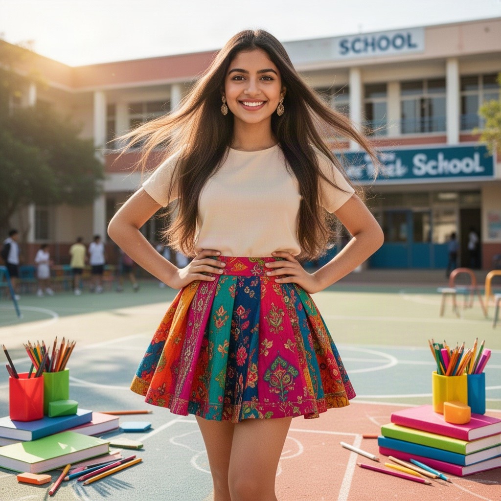 A young woman in a stylish, vibrant mini skirt inspired by desi fashion, exuding a cheerful and playful vibe