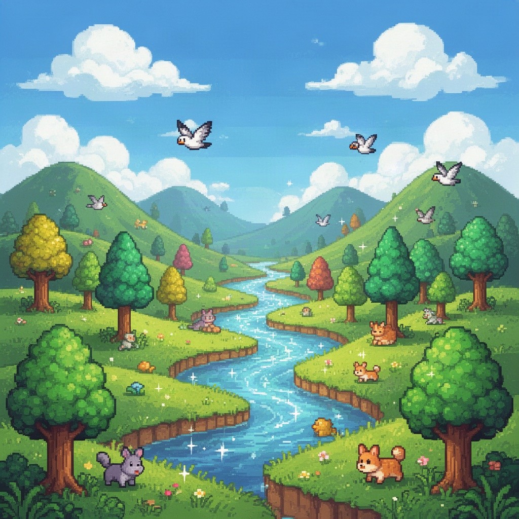 A vibrant and colorful pixel art landscape featuring a fantastical realm with rolling hills, a sparkling river, and pixelated trees in various shades of green