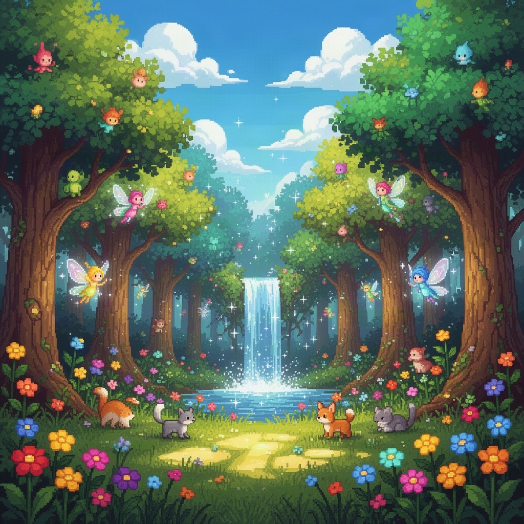 A colorful and detailed pixel art scene featuring a lush fantasy forest with vibrant trees, whimsical creatures like fairies and small animals, and a hidden sparkling waterfall