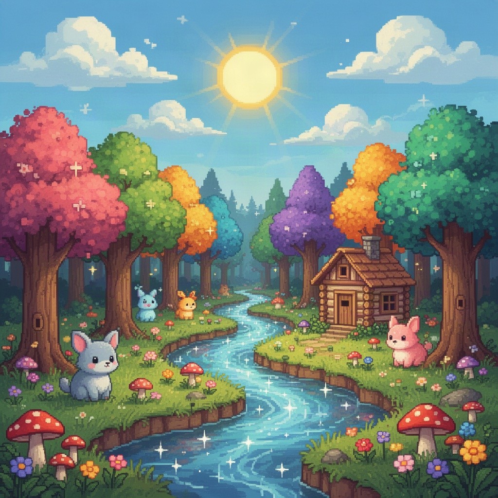 A vibrant pixel art scene depicting a fantasy forest with colorful trees, whimsical animals, and a sparkling river