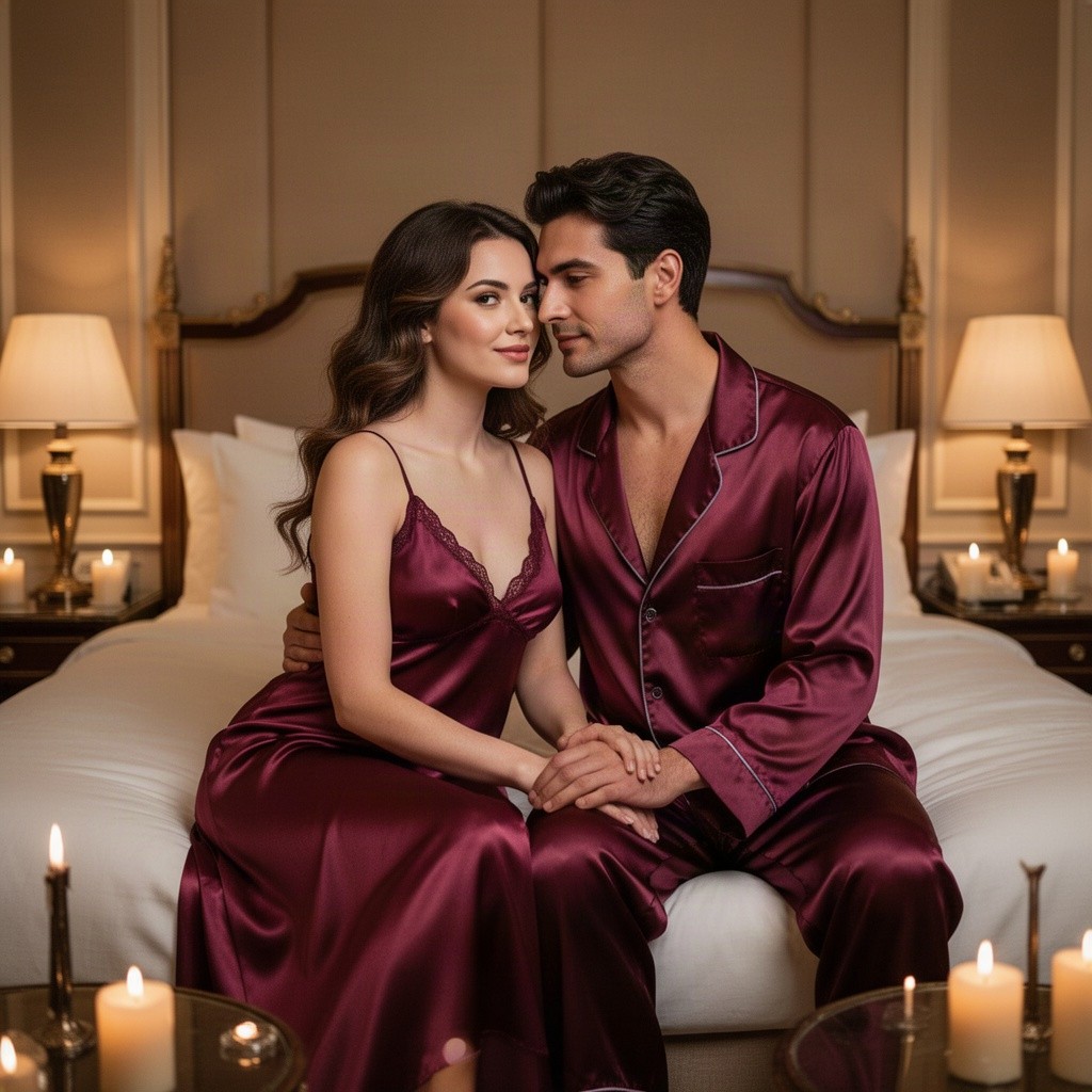 A romantic intimate scene in a luxurious hotel room featuring a couple elegantly posed together