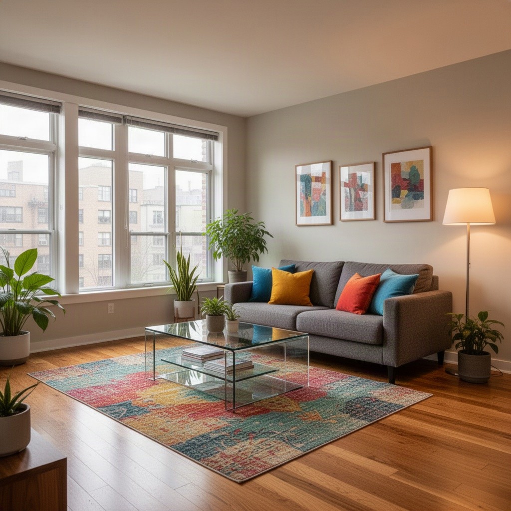 a cozy living room designed with modern aesthetics, featuring a comfortable gray sofa adorned with colorful throw pillows, a stylish glass coffee table, large windows allowing natural light to flood the space, warm wooden floors, and a vibrant area rug