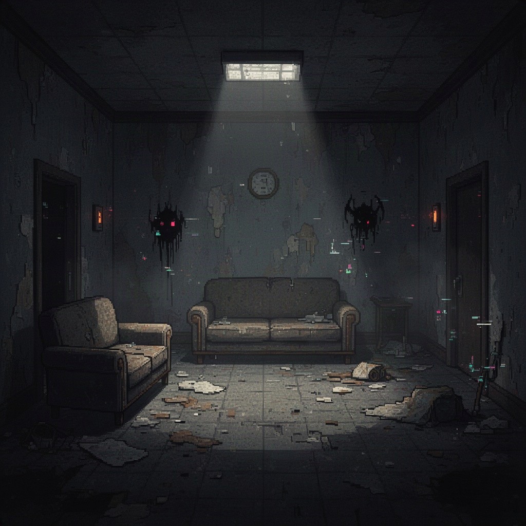 A pixel art depiction of a dark, eerie room inspired by the Backroom's 'You Cheated' level