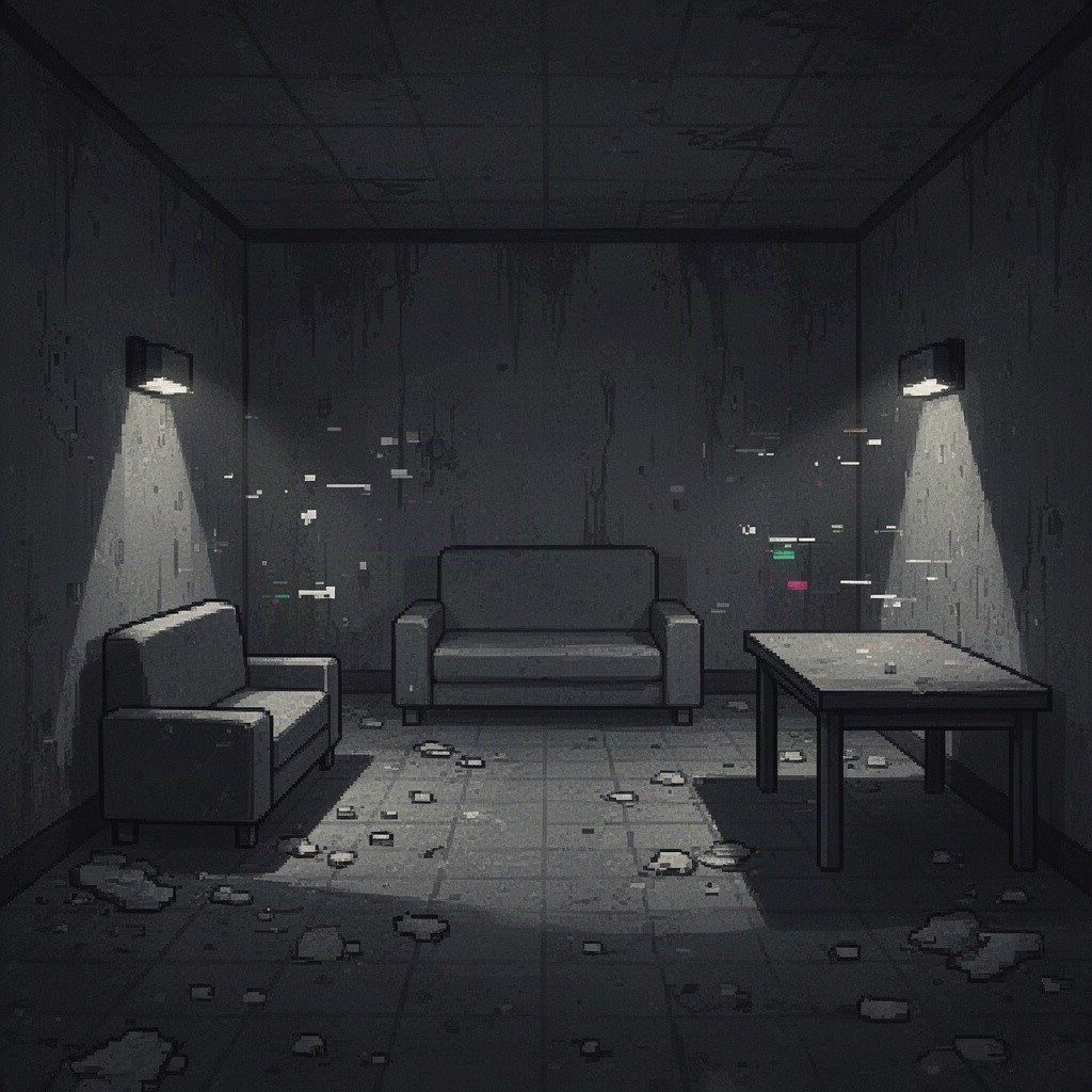 A dark room depicted in classic pixel art style, inspired by the 'You Cheated' level of the Backrooms