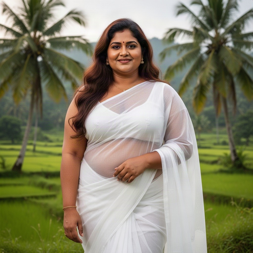 A chubby Malayali woman with long, dark brown hair, radiating confidence, wearing a stunning white translucent saree