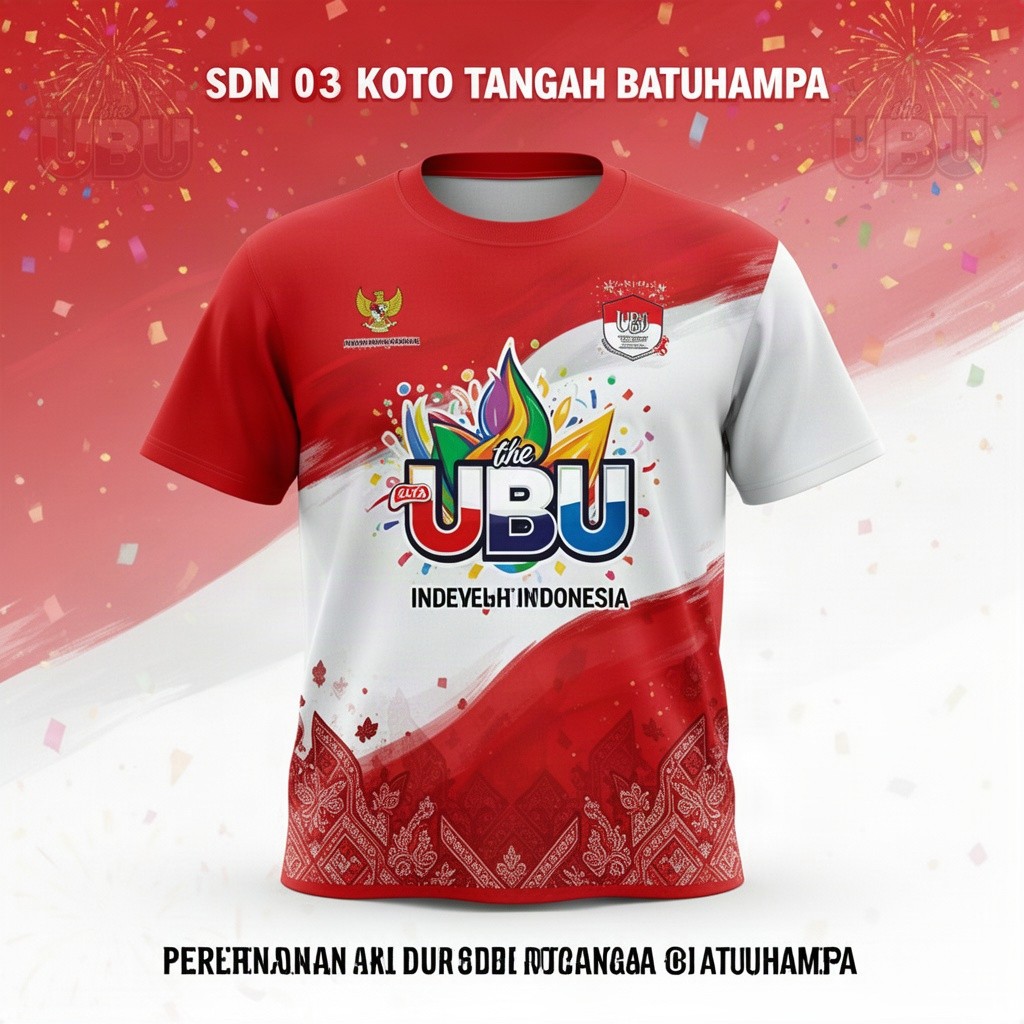 A vibrant red and white t-shirt design celebrating Indonesia's Independence Day in August, featuring the logo of 'the UBU' prominently displayed
