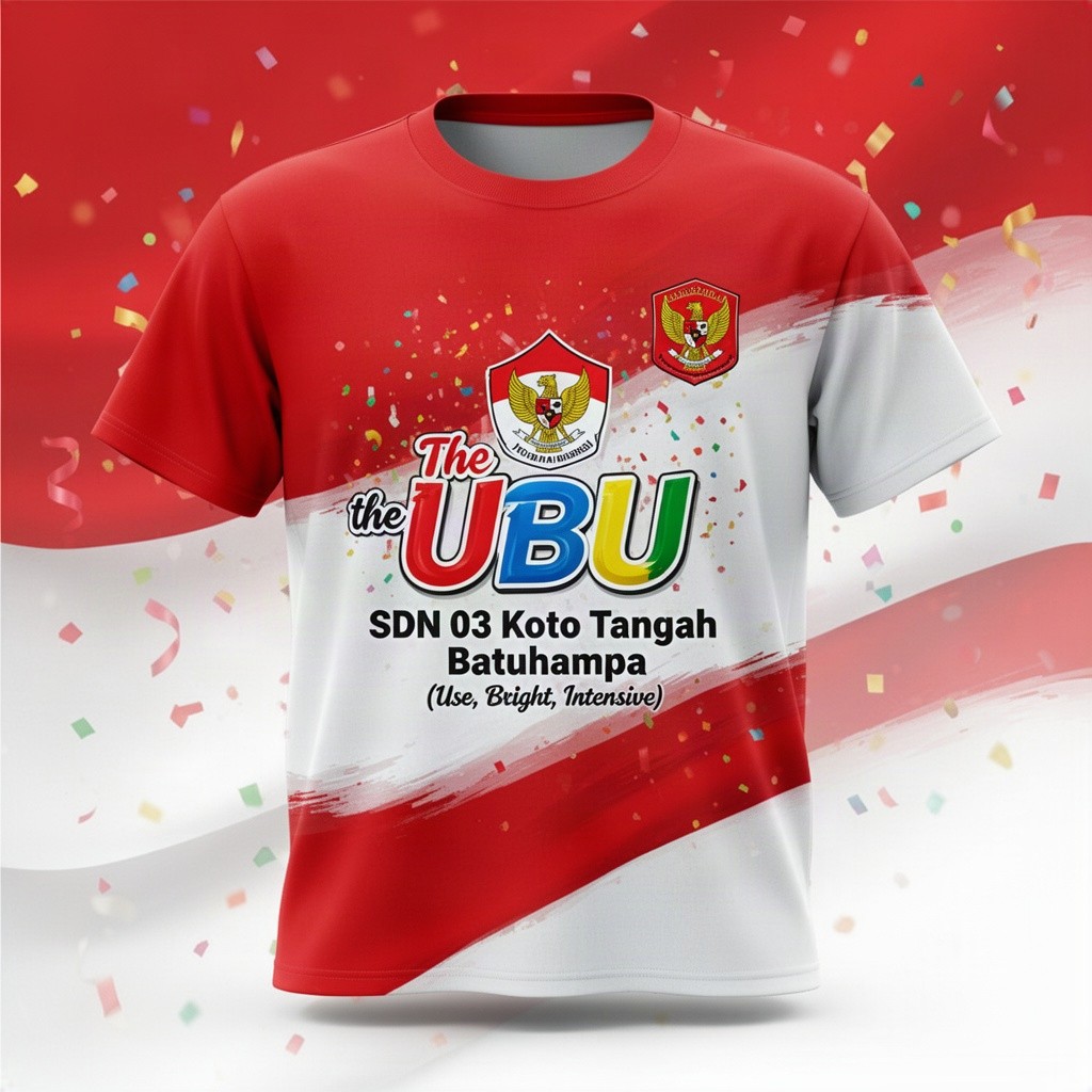 A vibrant red and white t-shirt design celebrating Indonesia's Independence Day in August