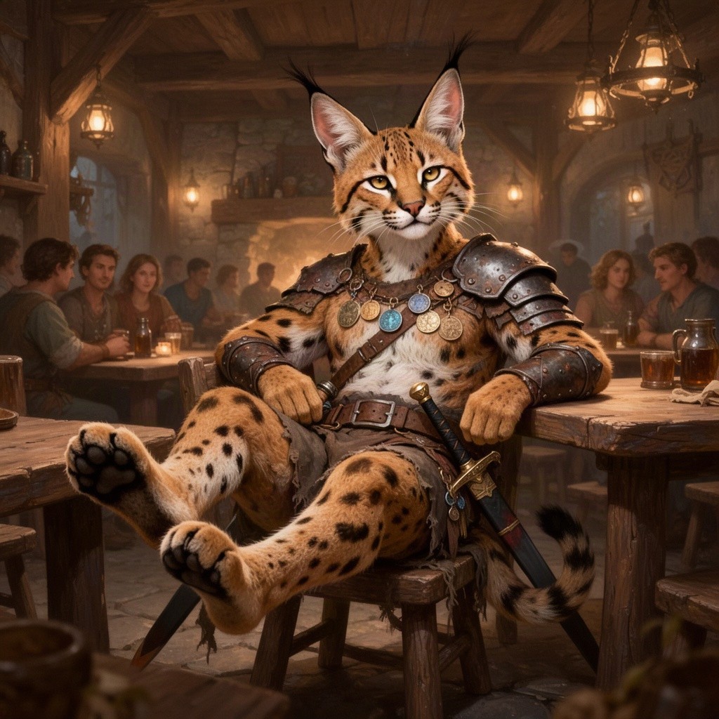 A male humanoid tabaxi warrior with large caracal ears and distinct caracal facial markings, showcasing strong, agile features
