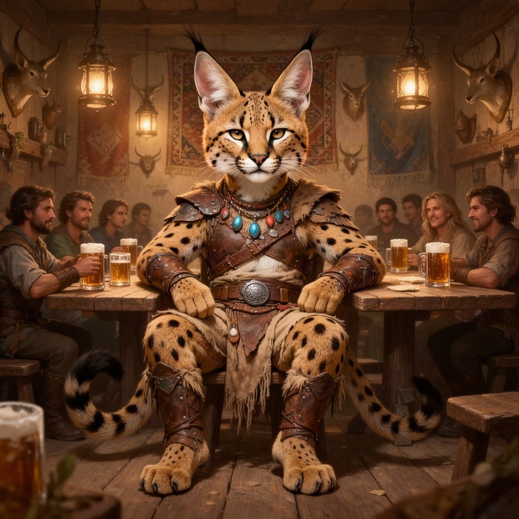 A male humanoid tabaxi desert warrior with large caracal ears and distinctive caracal facial markings, sitting proudly in a lively fantasy tavern