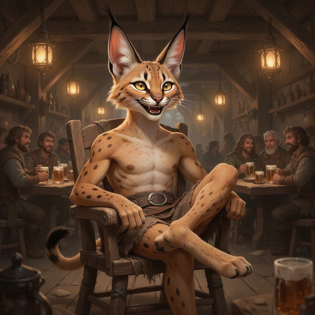 A lanky male humanoid tabaxi desert warrior with large caracal ears and a distinctive caracal face, sitting comfortably in a bustling fantasy tavern
