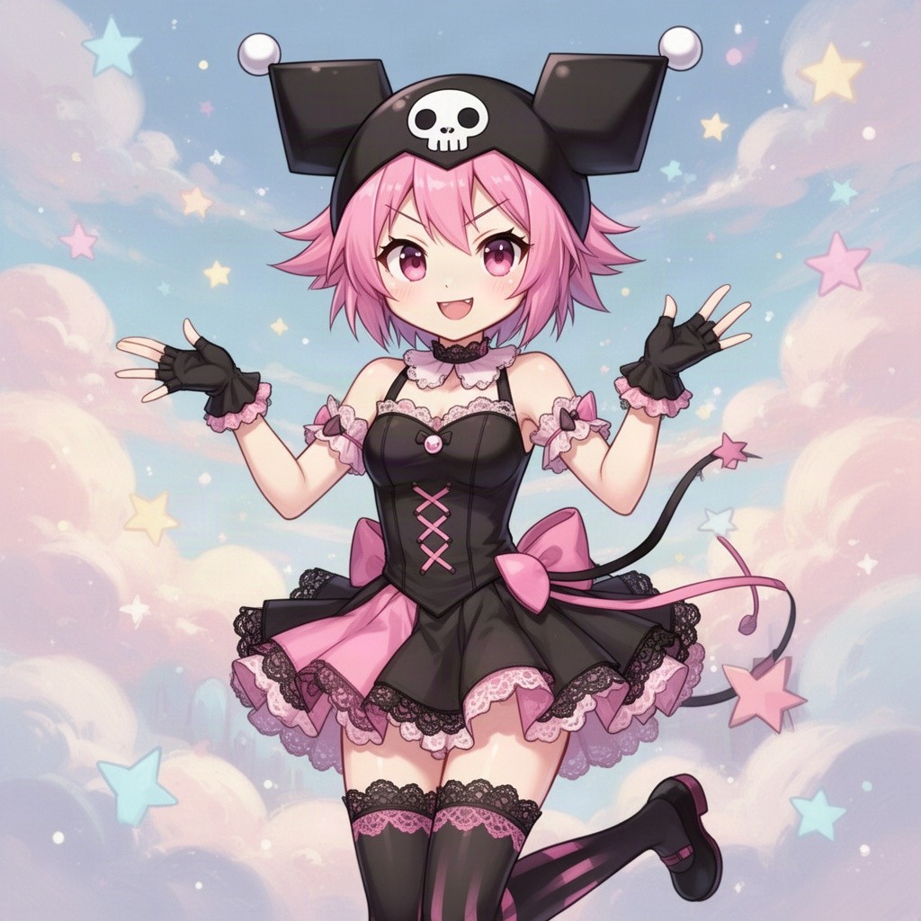 A stylish anime girl inspired by Kuromi's character, featuring a playful yet mischievous personality