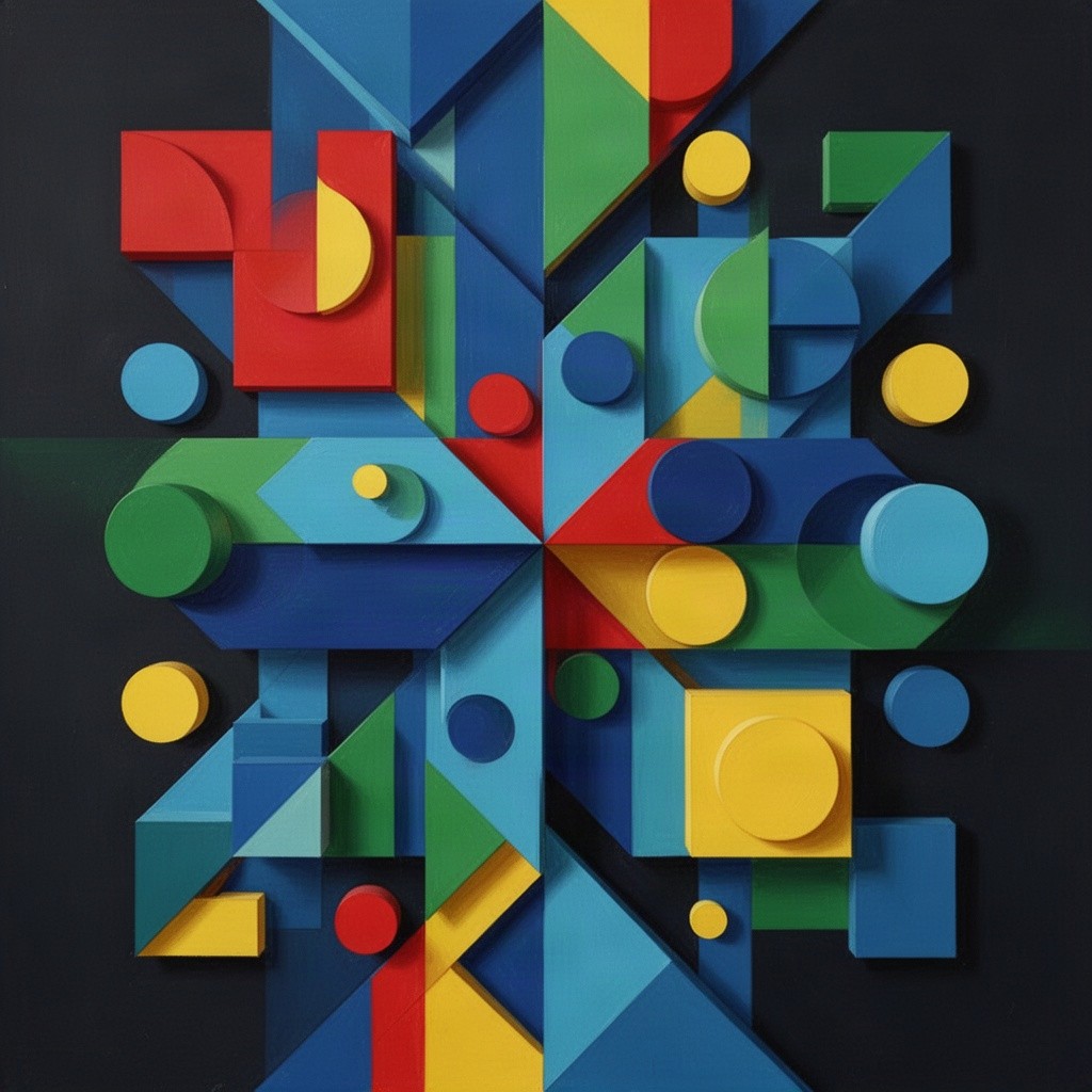 An abstract composition featuring colorful polygons of various shapes and sizes, creating a dynamic visual effect