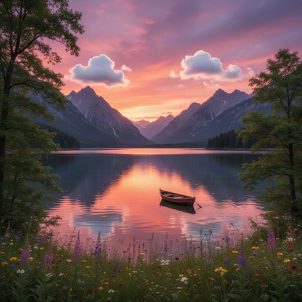 A beautiful, serene landscape depicting a dramatic sunset over a tranquil lake, with majestic mountains in the background