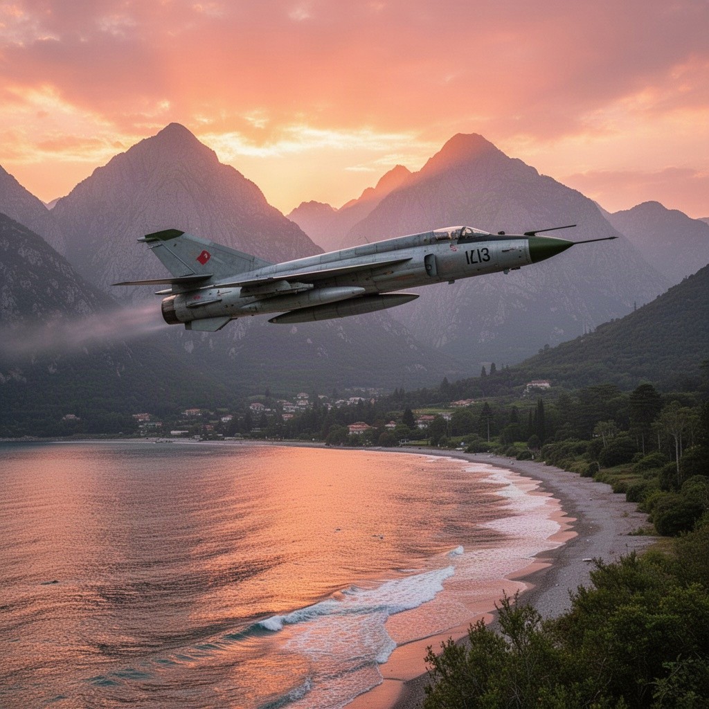 A stunning scene featuring a MiG-21bis fighter jet flying at high speed against a backdrop of picturesque nature