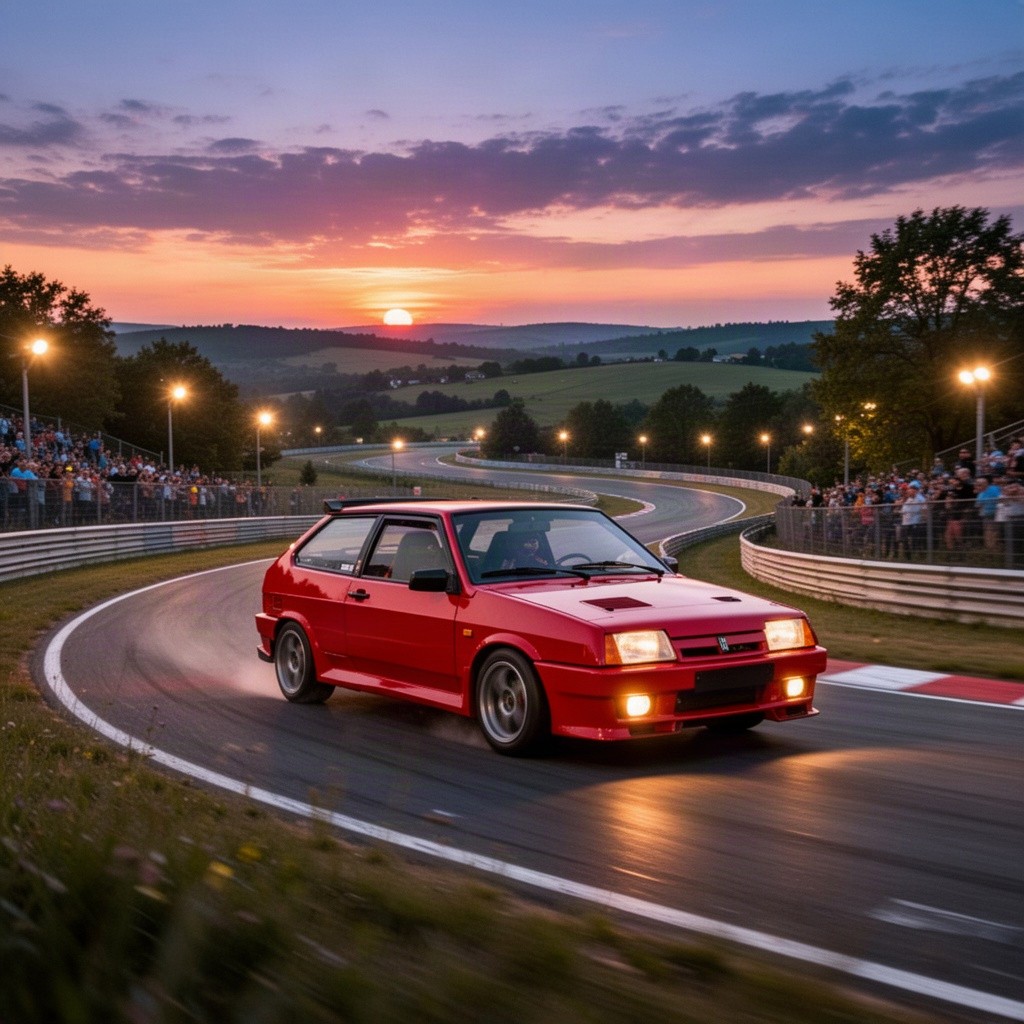 A vibrant scene featuring a red VAZ 2108 sports car driving along a picturesque evening race track