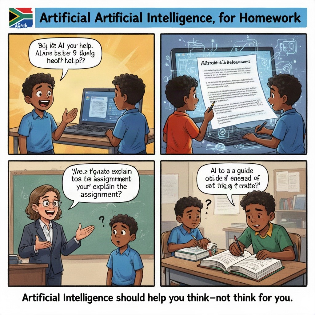 A four-panel educational cartoon illustrating the journey of a Grade 9 learner utilizing Artificial Intelligence for homework