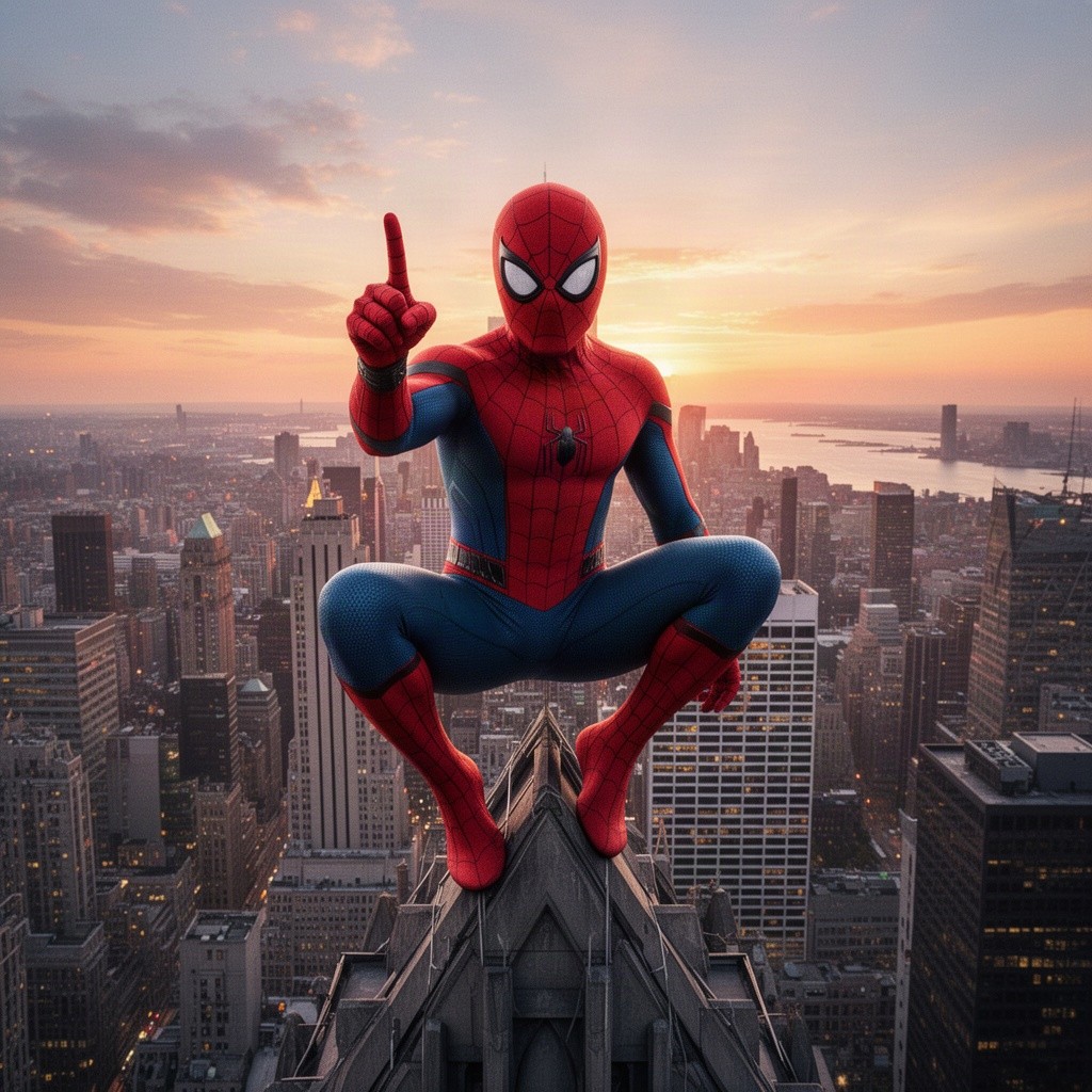A dynamic portrayal of Spider-Man from the upcoming 2026 movie, shown in a striking pose perched atop a skyscraper