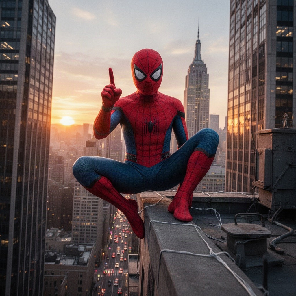 A captivating depiction of Spider-Man from the upcoming 2026 movie, perched confidently on the edge of a building