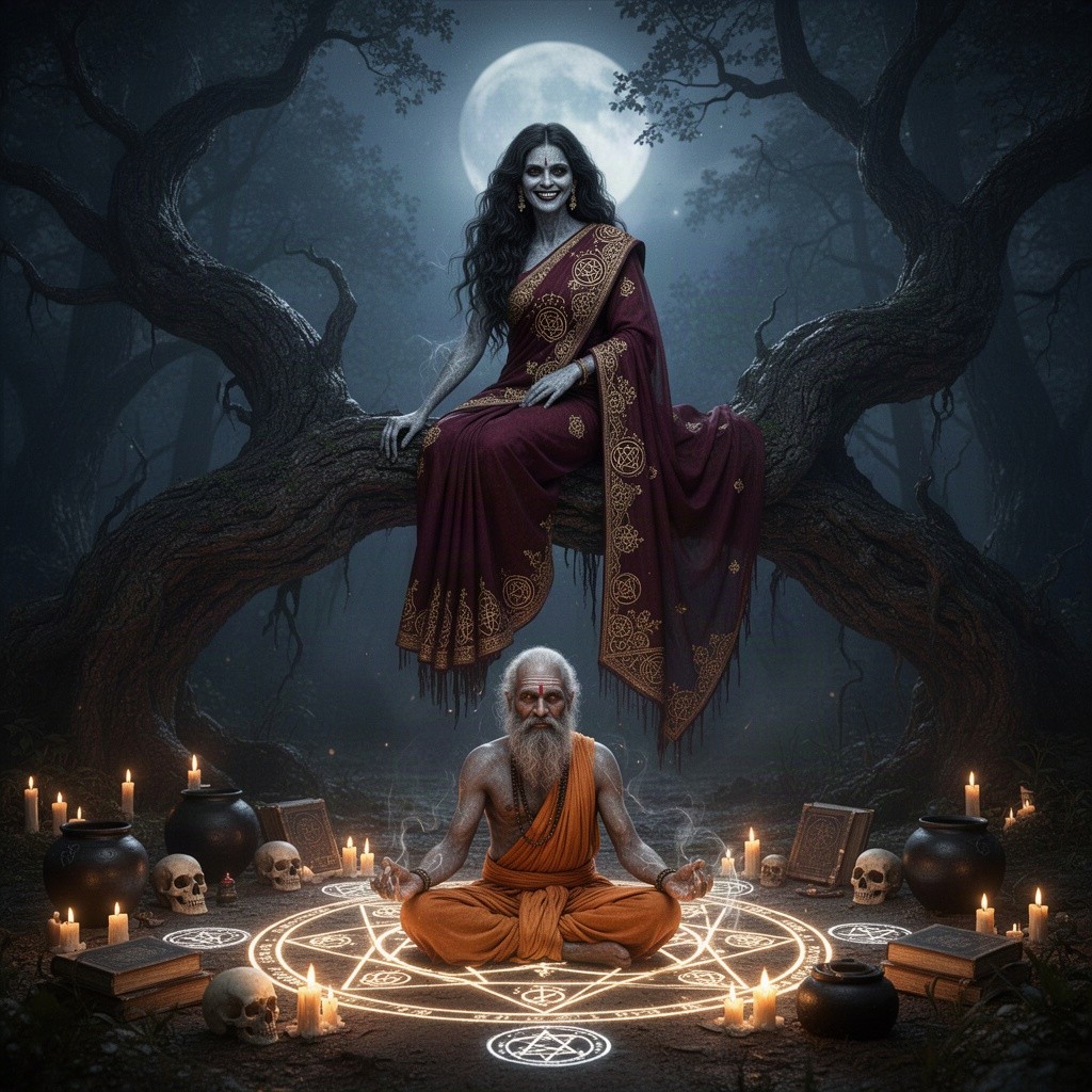 A hauntingly beautiful Indian ghost woman (Chudail) with pale gray skin and long wavy black hair, elegantly clad in a dark maroon saree adorned with intricate ancient occult golden embroidery