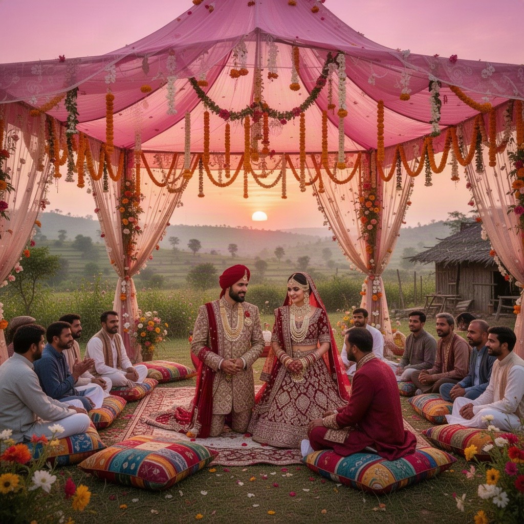 A beautiful sunrise over a picturesque Harashtrain wedding, capturing the vibrant colors of the sky as pink and orange hues blend seamlessly