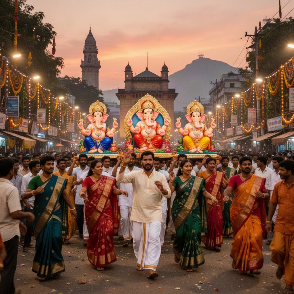 A vibrant scene showcasing the cultural richness of Maharashtra, capturing the essence of its festivals and traditions