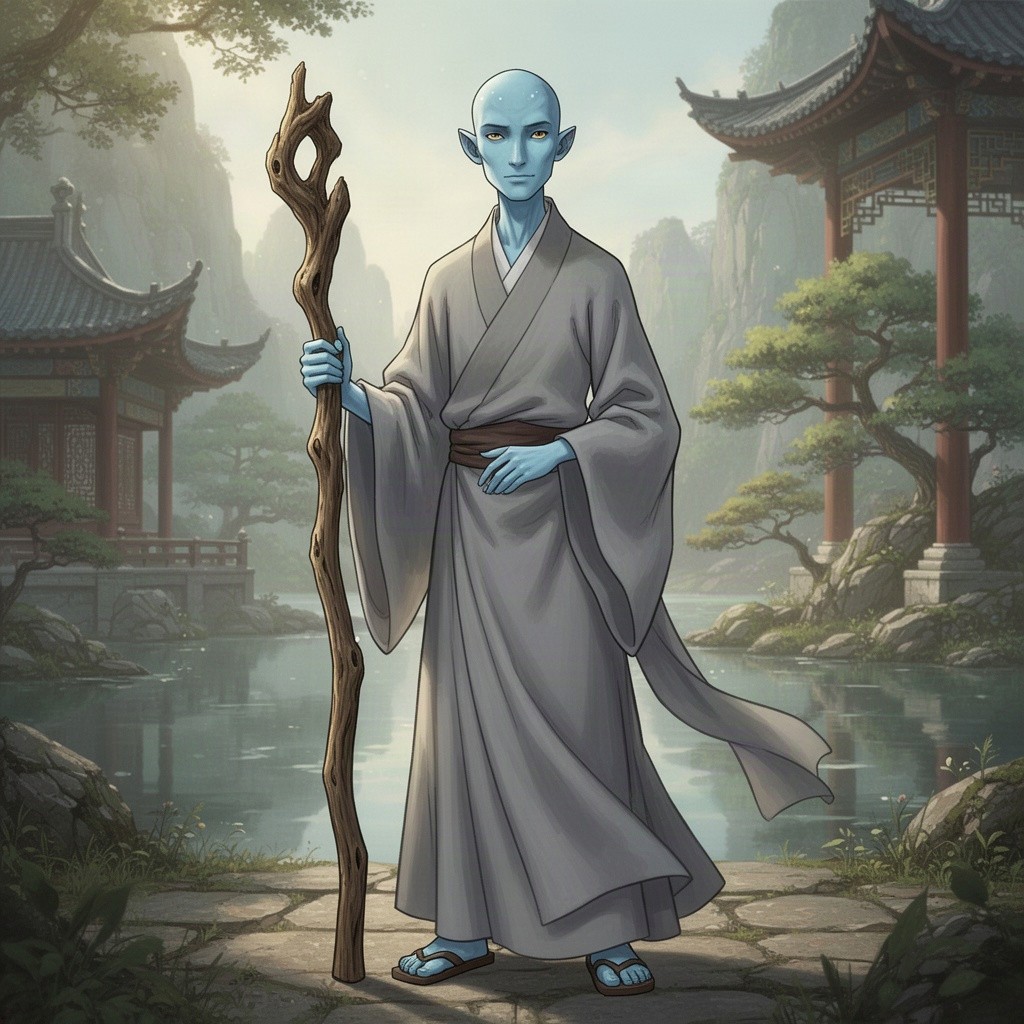 A tall, thin bald man with light blue skin, resembling a character from Avatar: The Last Airbender