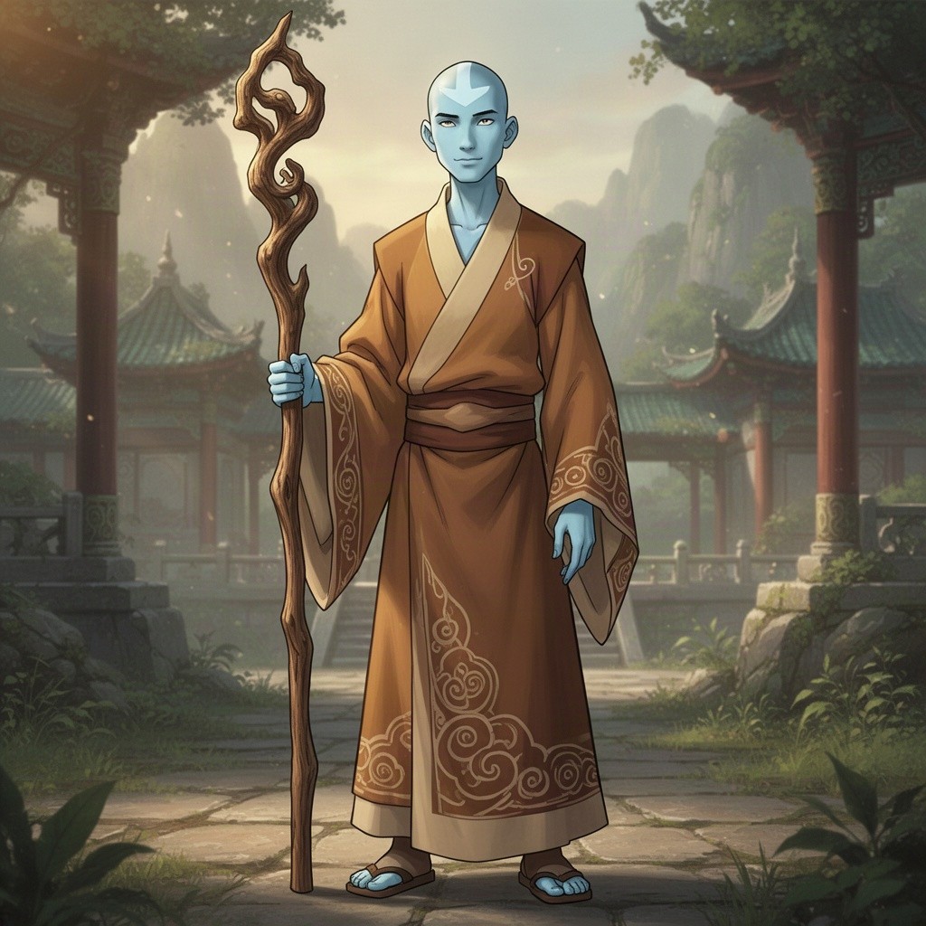 A tall, thin bald man with light blue skin, dressed in the attire of an Eastern monk, similar to Aang from Avatar: The Last Airbender