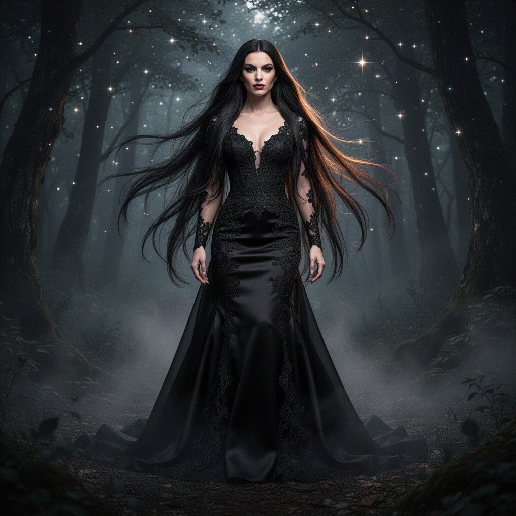 A stunning and powerful portrayal of Lilith dressed in an elegant black gown, exuding an aura of mystery and strength