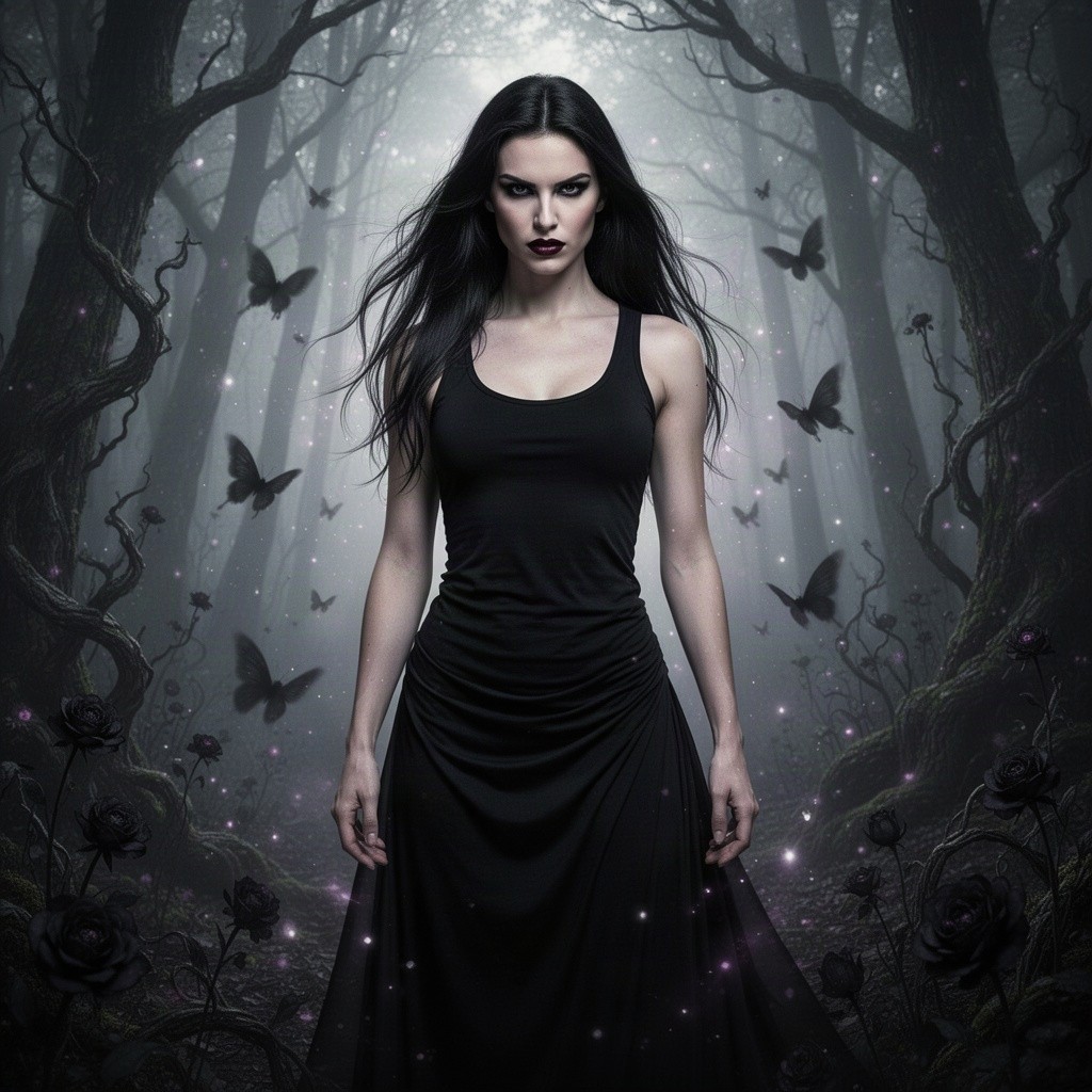 A captivating depiction of Lilith, showcasing her in a long black tank top that elegantly drapes over her silhouette