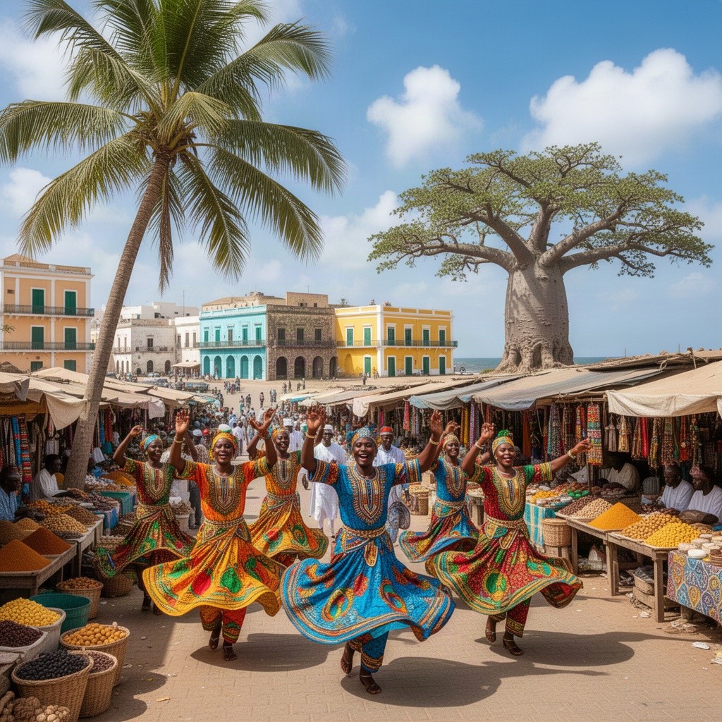 A vibrant scene showcasing the rich history of Senegal, featuring key elements like the iconic Gorée Island, a symbol of the slave trade, with its colorful colonial buildings