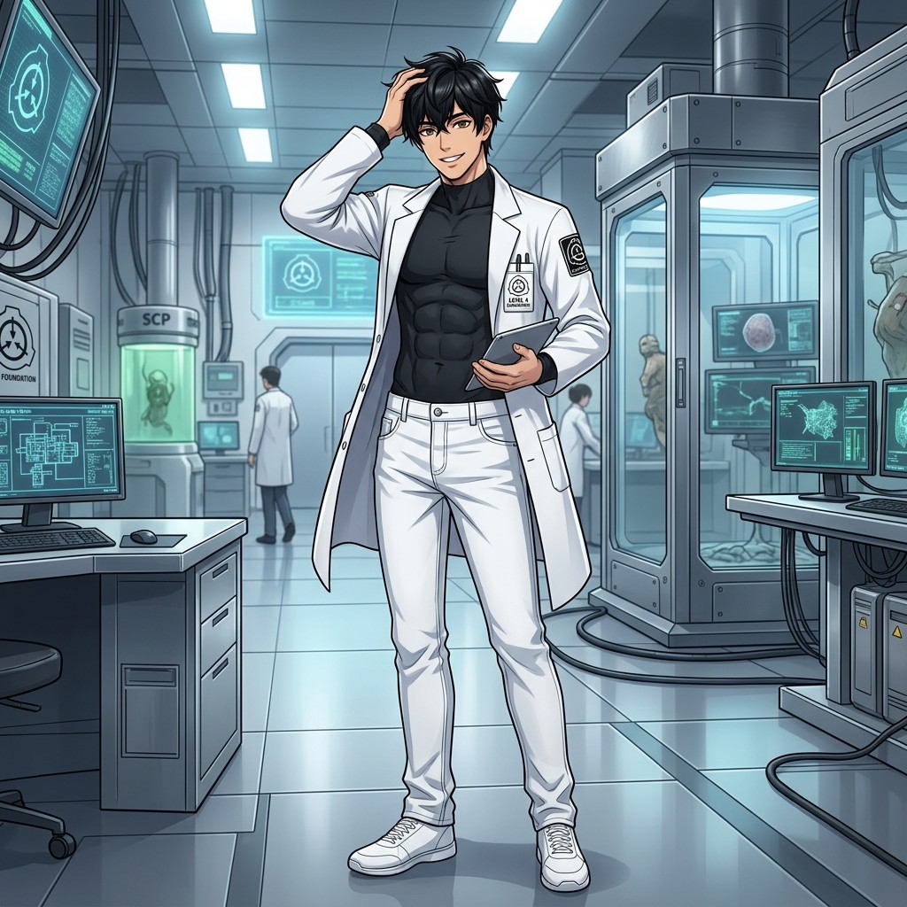 A tall male 2D anime original character with jet black hair and dark brown eyes, characterized by a friendly smile