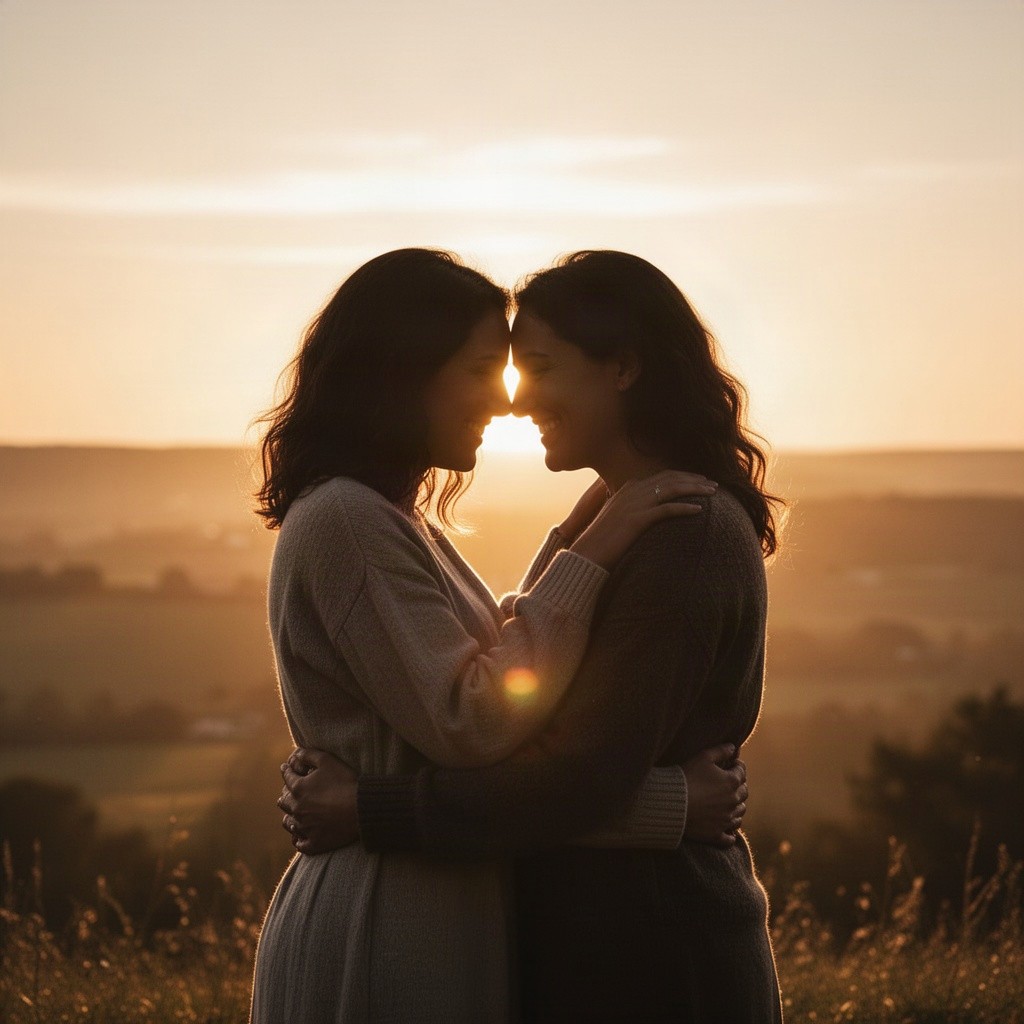 A warm and intimate moment between two silhouettes of people, embracing in a loving pose during the golden hour