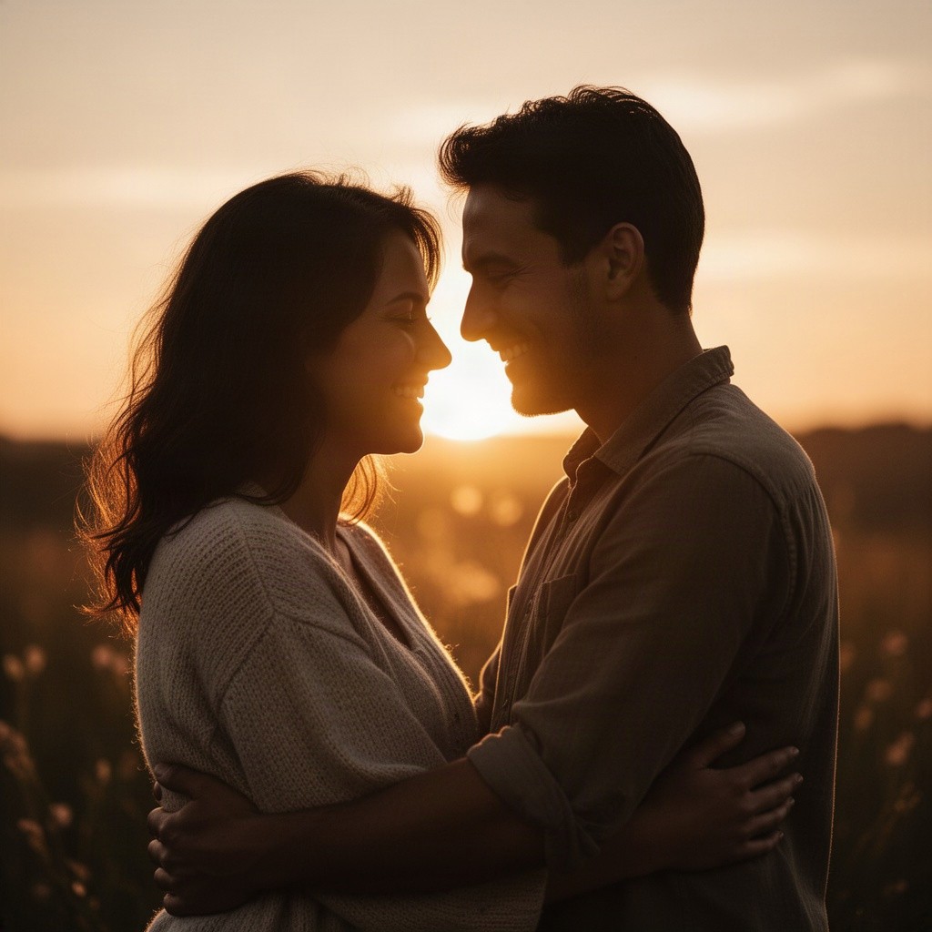 A warm, intimate moment between two people or silhouettes, embodying positive energy