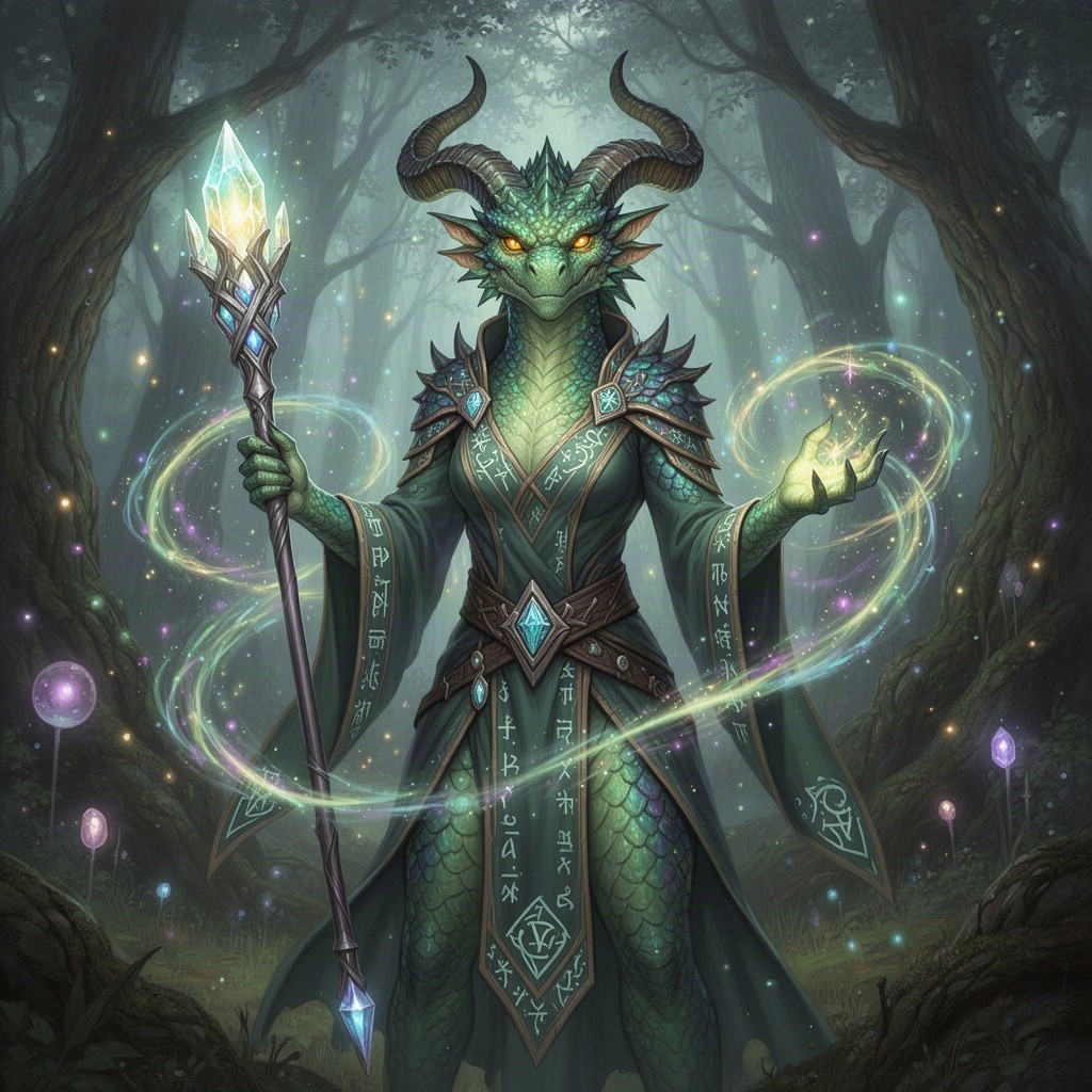 A powerful female dragonborn mage standing confidently in a mystical forest