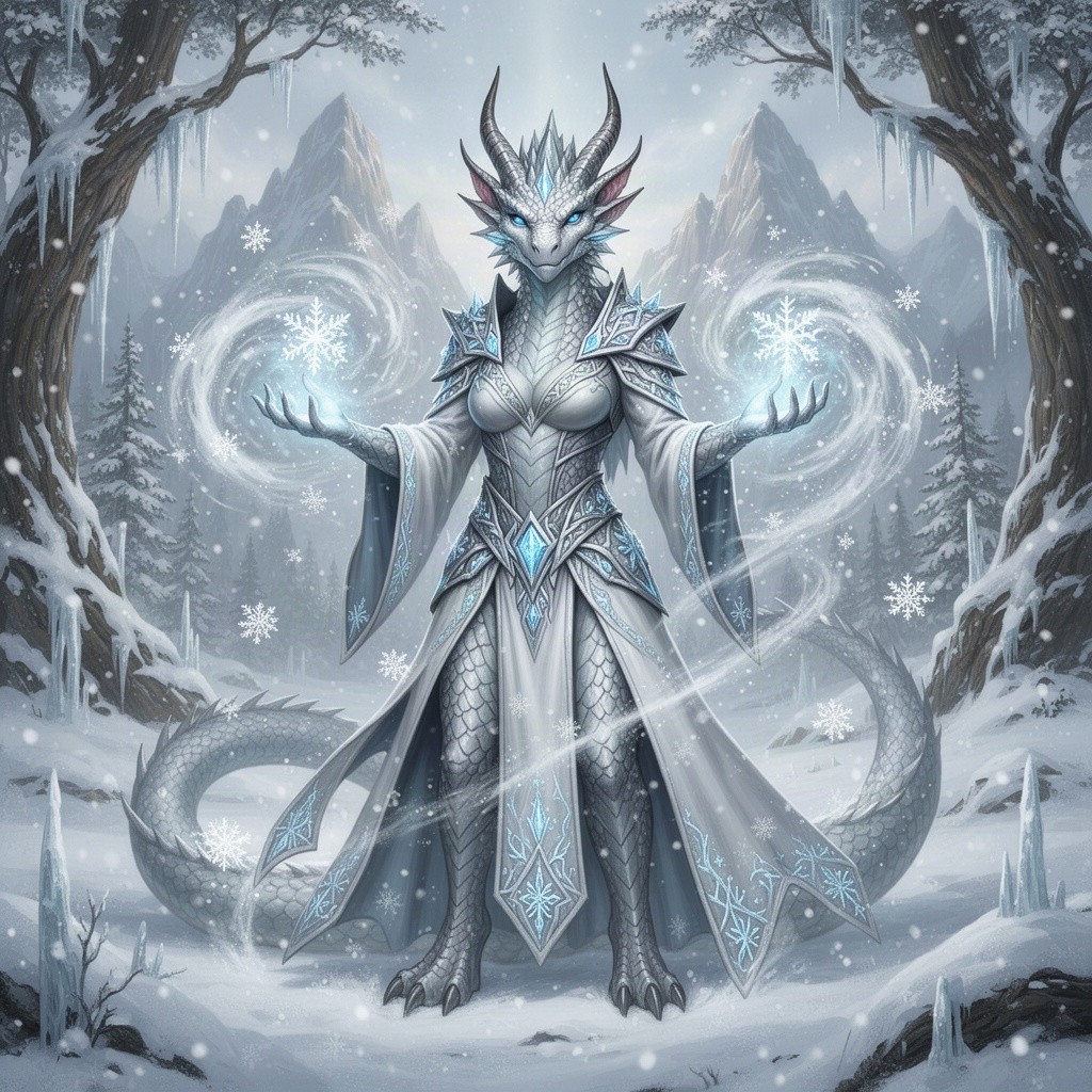 A stunning female silver dragonborn mage, radiating power and elegance, stands in a mystical snowy landscape