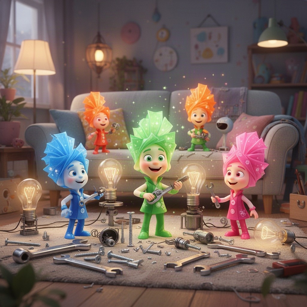 A whimsical scene featuring a group of tiny, magical creatures known as Fixies, busily repairing everyday household items