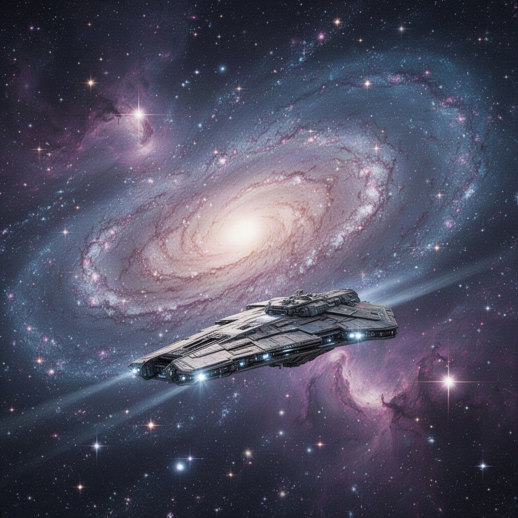 A breathtaking view of a distant galaxy, filled with vibrant colors of purple, blue, and pink nebulae, surrounded by countless glittering stars