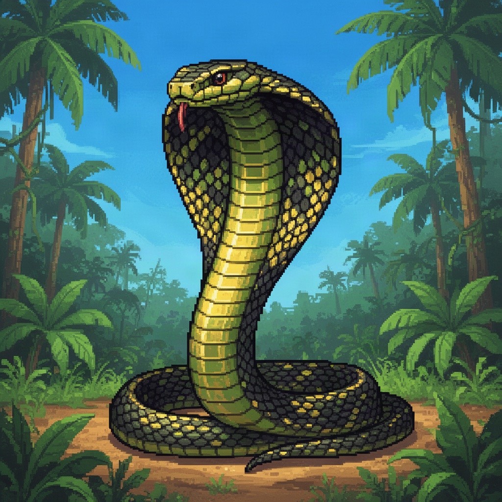 A vibrant pixel art depiction of a majestic king cobra, showcasing its striking features in a colorful and stylized manner