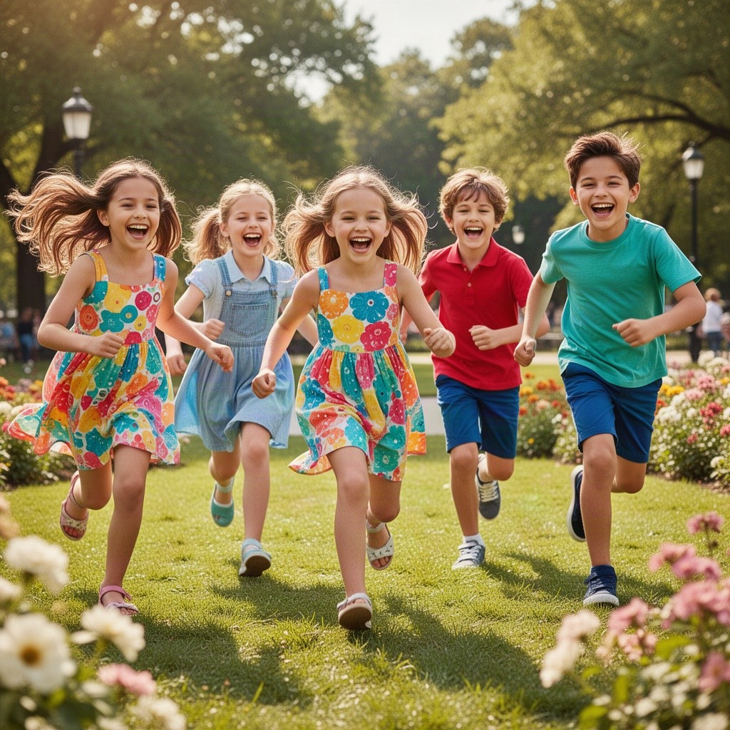 A vibrant and energetic outdoor scene featuring both girls and boys playing together, showcasing their colorful clothing