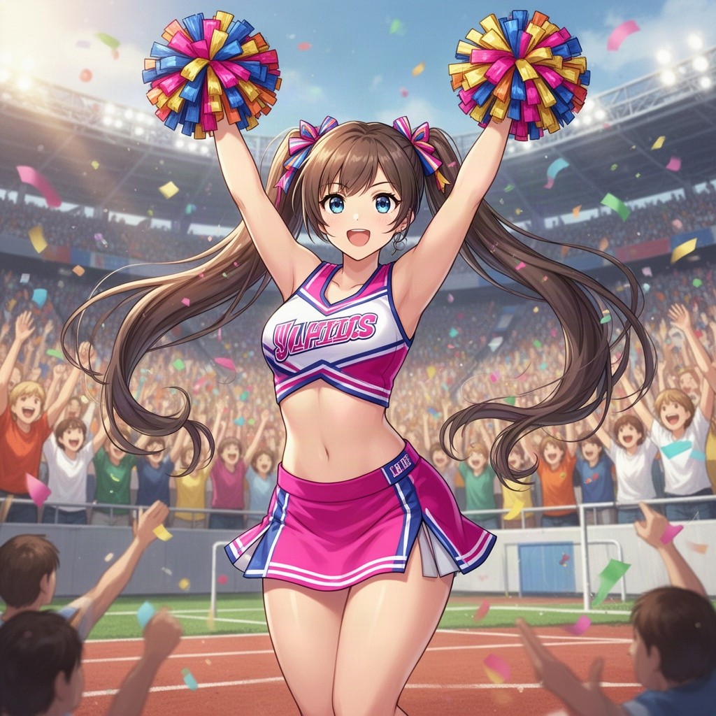 A curvy anime cheerleader with vibrant colors, wearing a tight short skirt that accentuates her figure