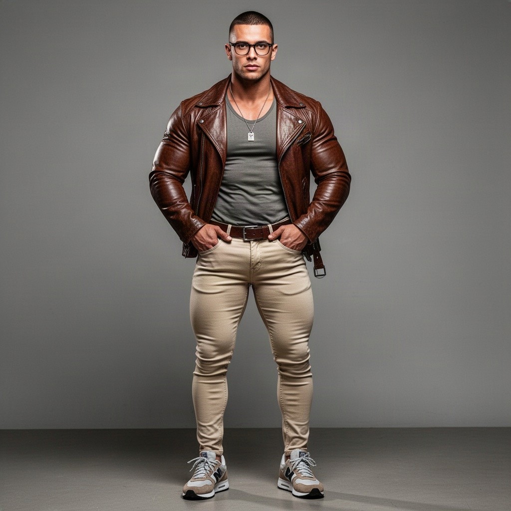 An athletic, muscular man with short hair and eyeglasses, wearing a fitted shirt under a brown leather jacket