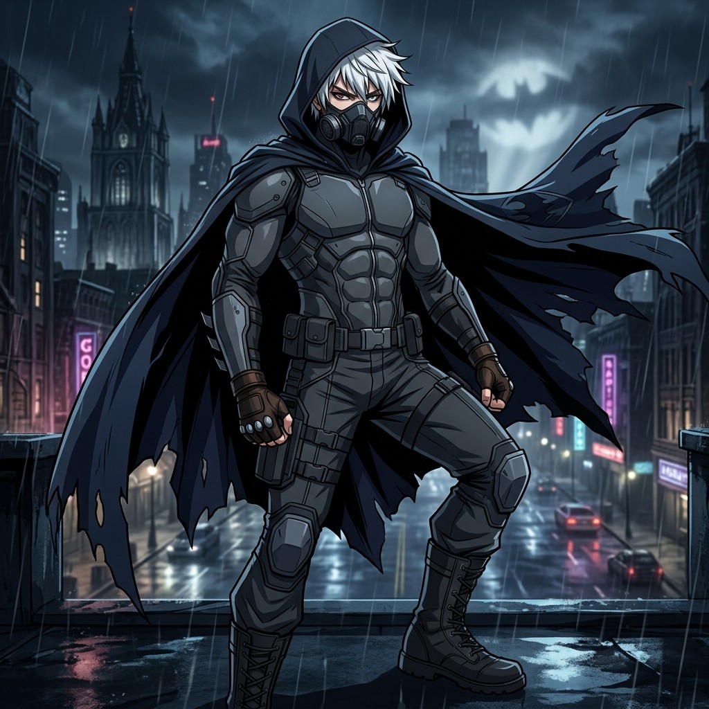 A refined male 2D anime original character inspired by DC aesthetic, featuring striking white snow wolf cut hair and mesmerizing crimson-blue eyes