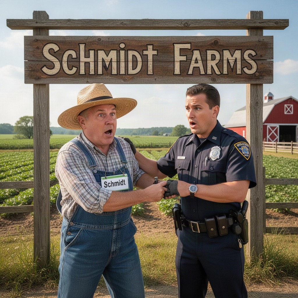 A humorous scene of a farmer with a name tag that says 'Schmidt' playfully arresting a State Trooper in front of a large wooden sign labeled 'Schmidt Farms'